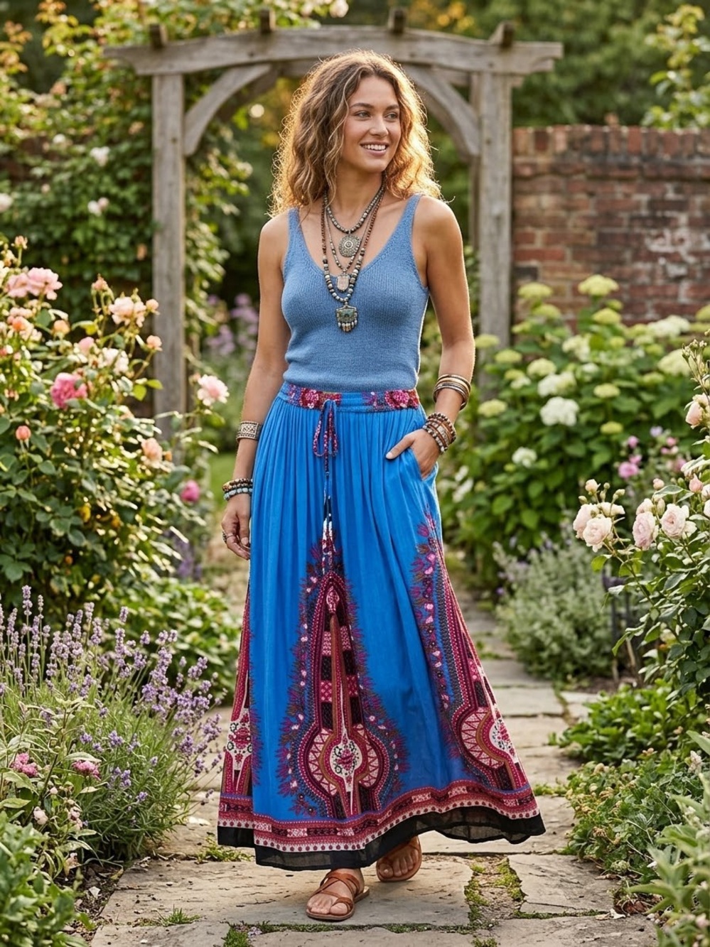 Uniti Casuals Vintage Boho Blue Maxi Skirt One Size
